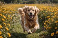 《花海中欢快奔跑的金毛犬》