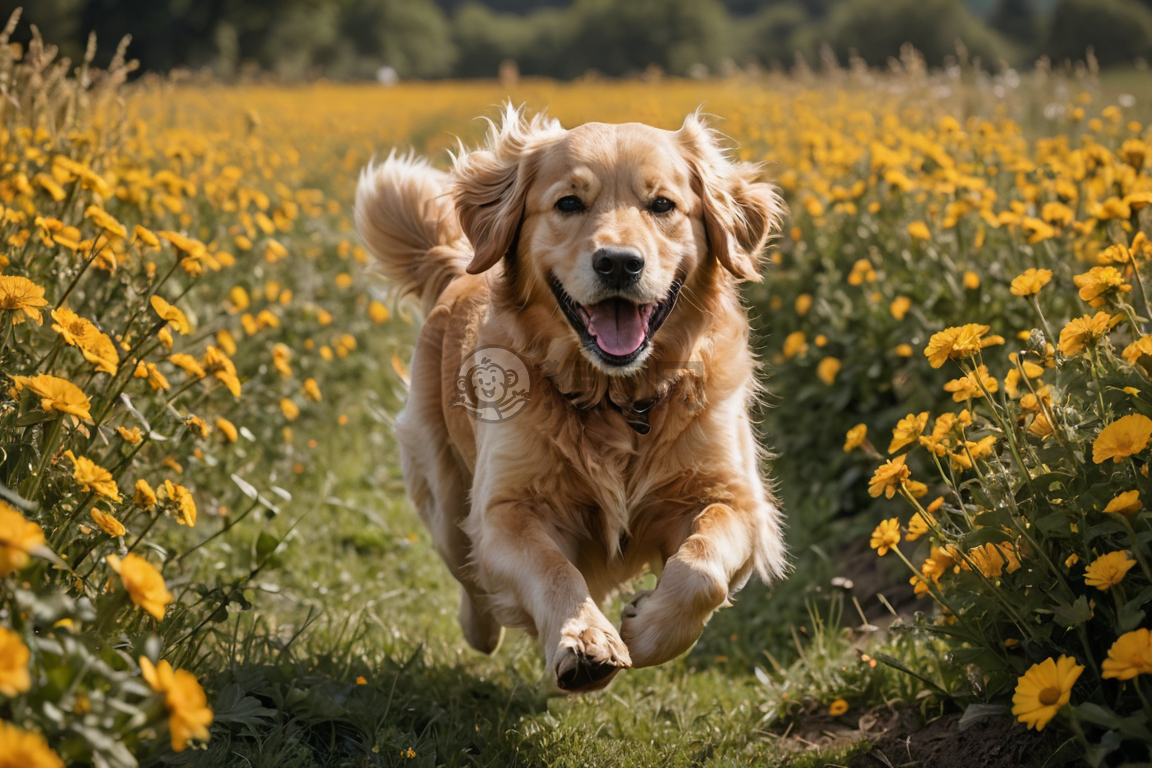 《花海中欢快奔跑的金毛犬》