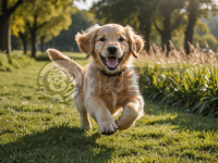 阳光下草地奔跑的金色猎犬之趣照