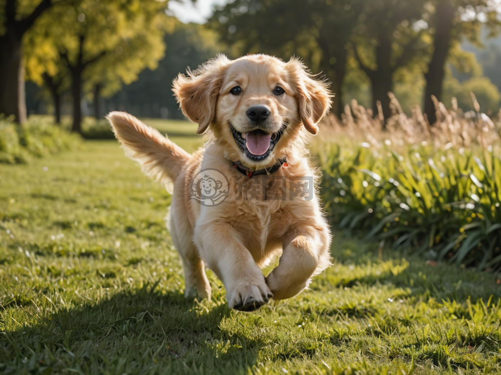 阳光下草地奔跑的金色猎犬之趣照