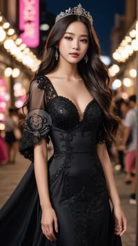 夜幕下绝美中国女孩儿 佩戴王冠展现性感身材