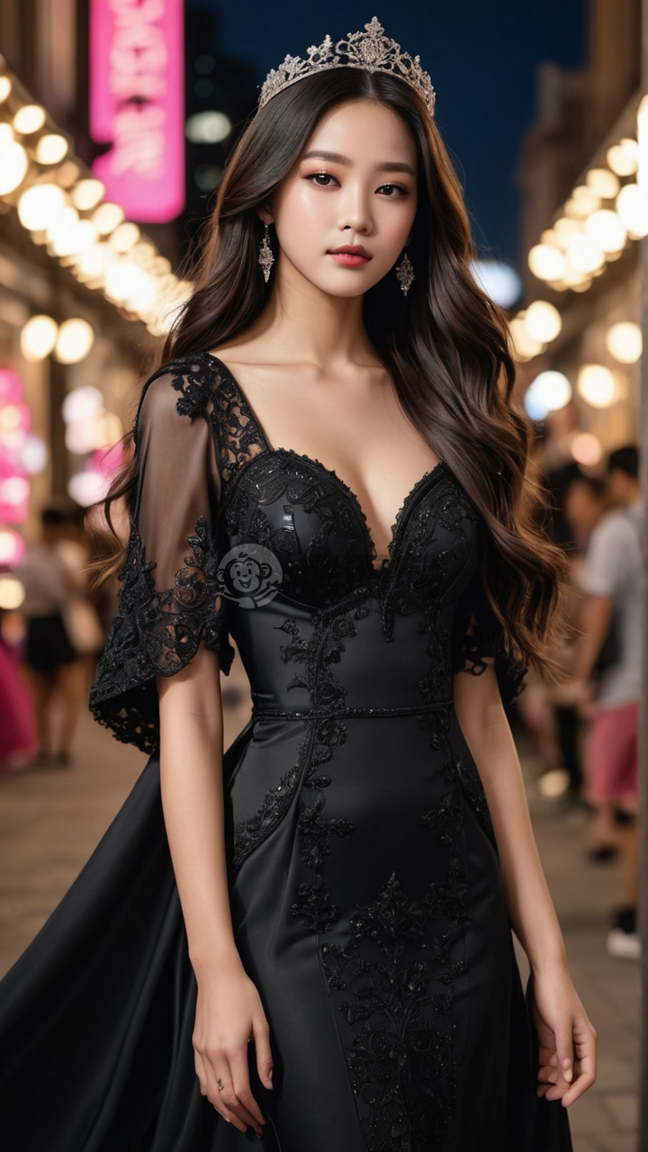 夜幕下绝美中国女孩儿 佩戴王冠展现性感身材