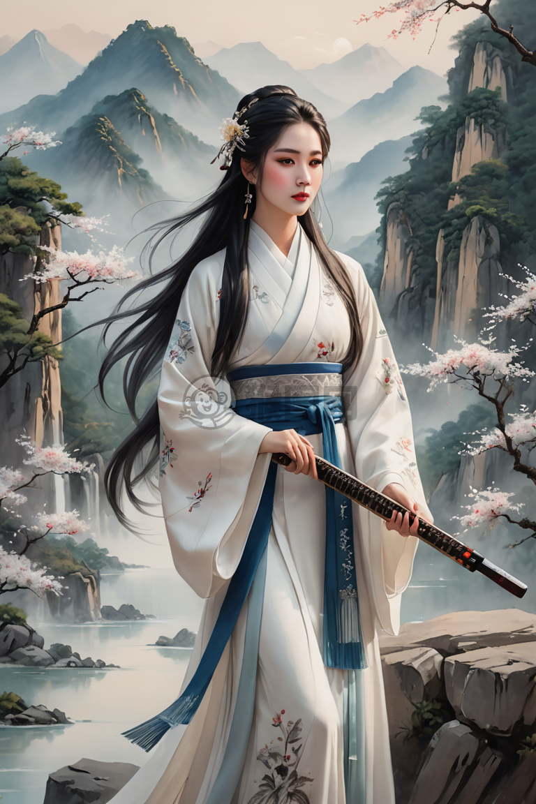 白汉服女子弹古琴山水画卷中，恬静气质溢画面