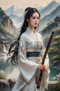 白汉服女子弹古琴山景意境美