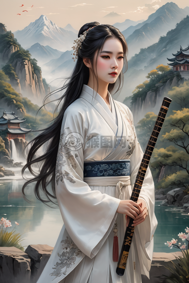 白汉服女子弹古琴山景意境美