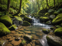 清晰山泉流石，翠绿环绕生辉。