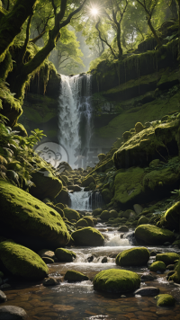 溪水落瀑，生机盎然