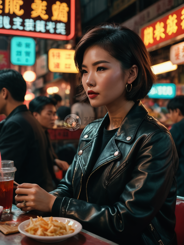 香港街头风情：女子品茶美食摊，黑帮风格展现复古韵味