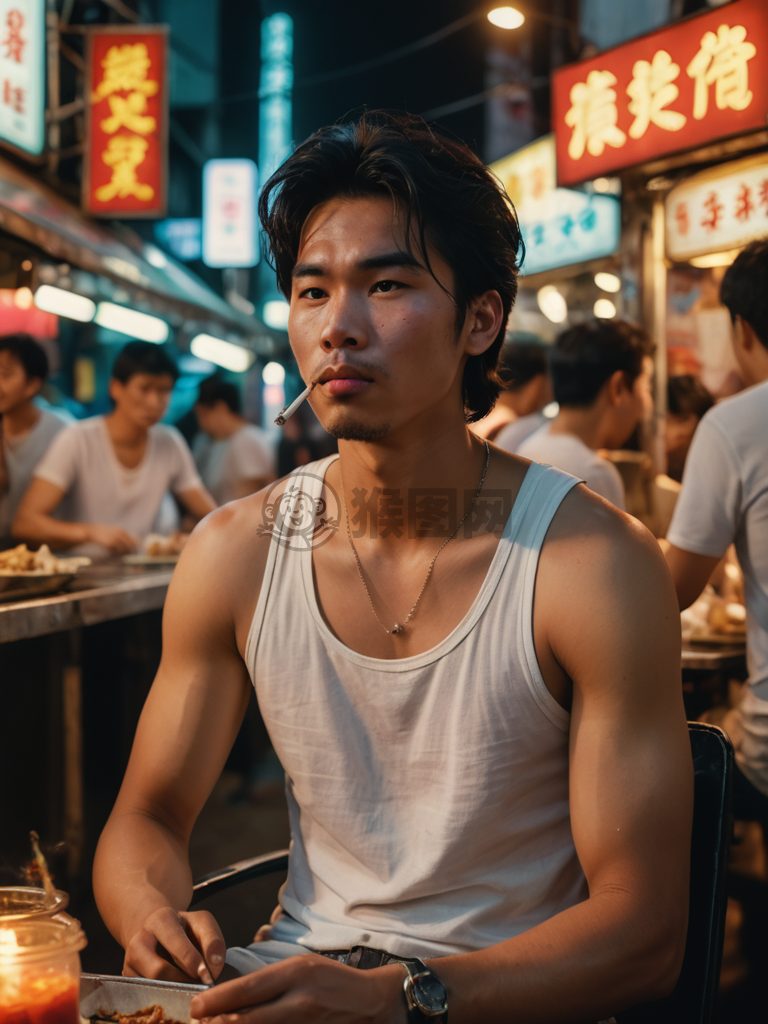 复古香港风情：街头小吃摊前酷炫青年