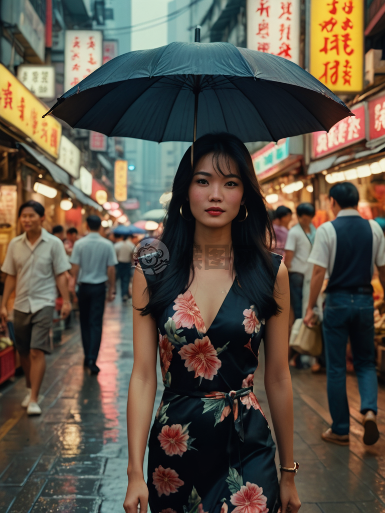 港风80年代，黑发女子漫步市场，轻盈微笑，霓虹街头，繁华市集，4K细腻光影，引人入胜。