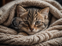 可爱的小猫蜷缩在柔软毯子中睡觉的照片