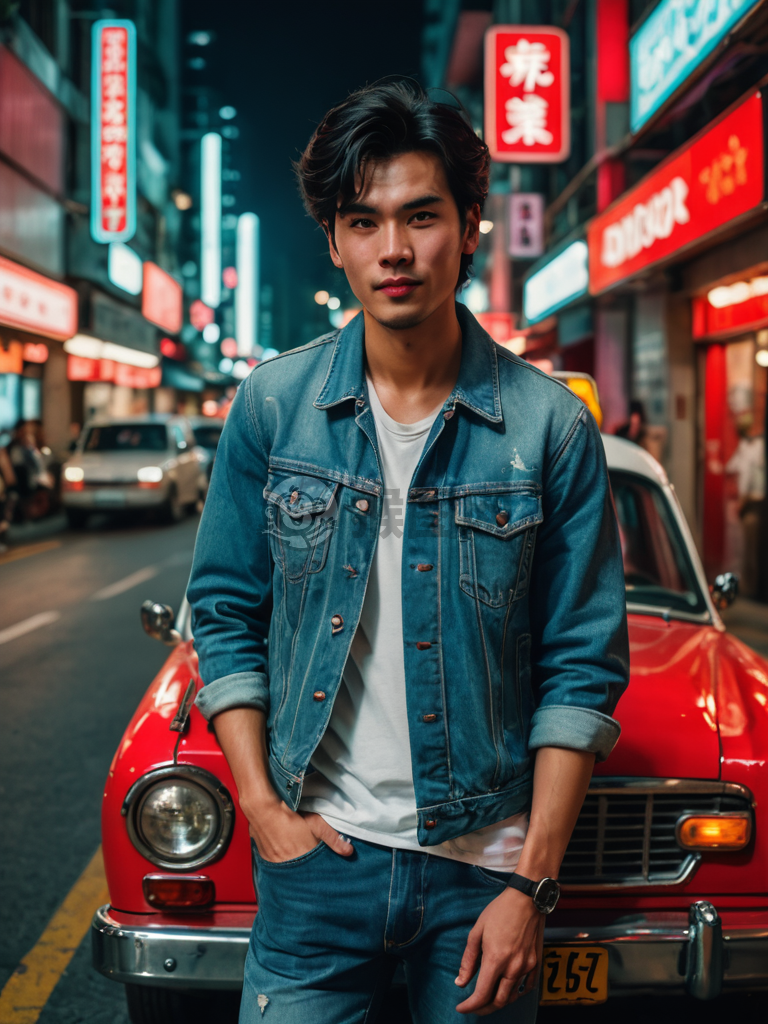 港风迷人夜色，牛仔外套潇洒。