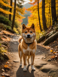 秋山行犬，枫叶伴影
