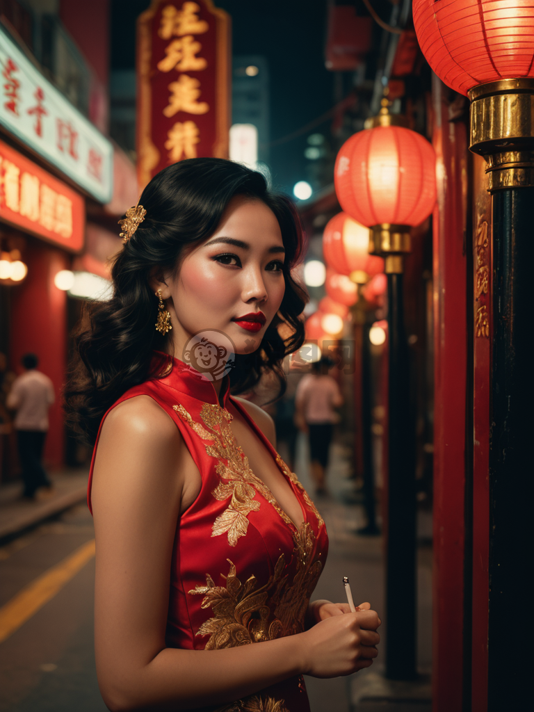 港风美人夜色浓，红衫金绣倚灯笼。