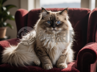 阳光下的绒毛玩偶猫坐在华丽绒椅上的照片
