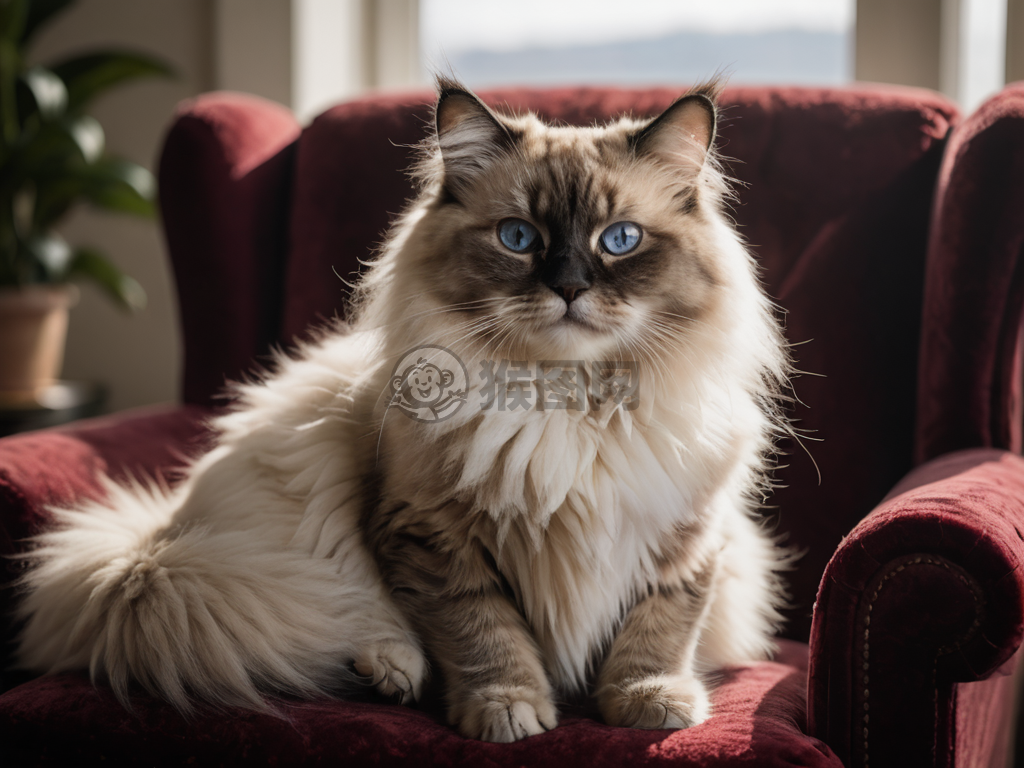 阳光下的绒毛玩偶猫坐在华丽绒椅上的照片
