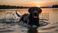 夕阳下湖中嬉水的黑色拉布拉多犬的照片