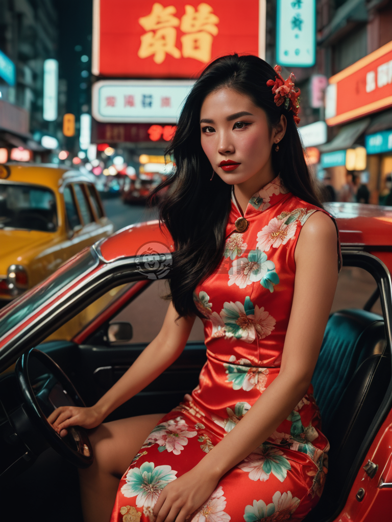 香港风情：黑发女郎与红车霓虹灯记忆