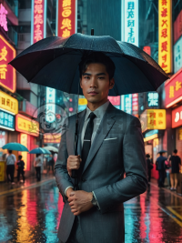港风复古，雨中独行，灰色西装，黑色领带，手持雨伞，自信淡定，80年代经典，电影质感，4K画质。