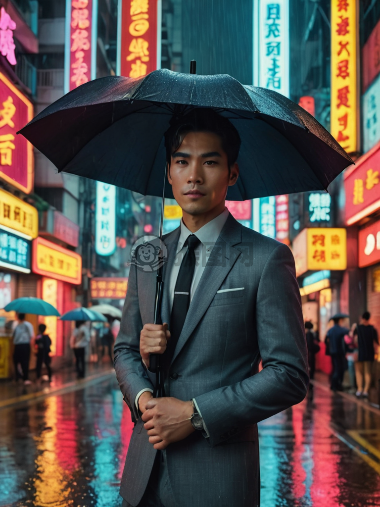 港风复古，雨中独行，灰色西装，黑色领带，手持雨伞，自信淡定，80年代经典，电影质感，4K画质。