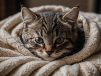 可爱的小猫窝在柔软毯子上睡觉