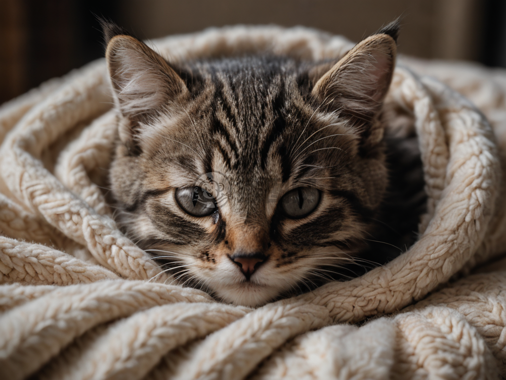 可爱的小猫窝在柔软毯子上睡觉