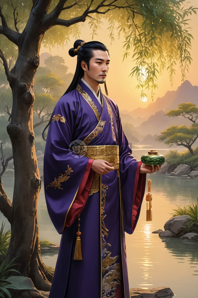 古紫衣玉坠王子静河畔画夕阳