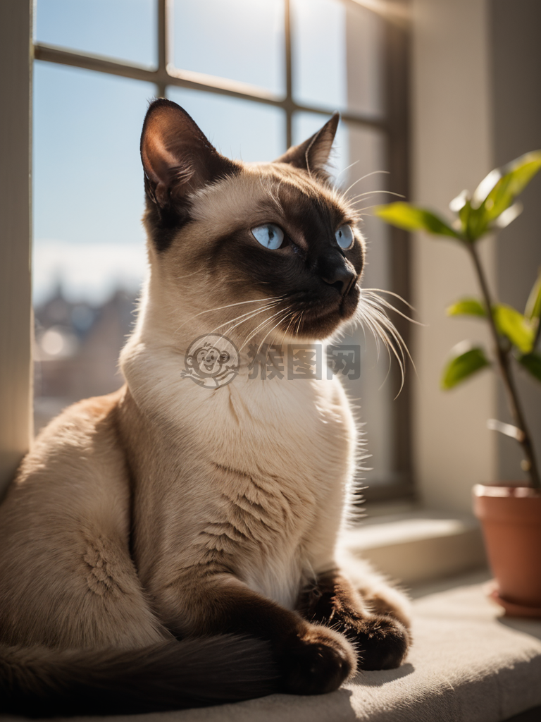 《阳光下的暹罗猫与窗外》