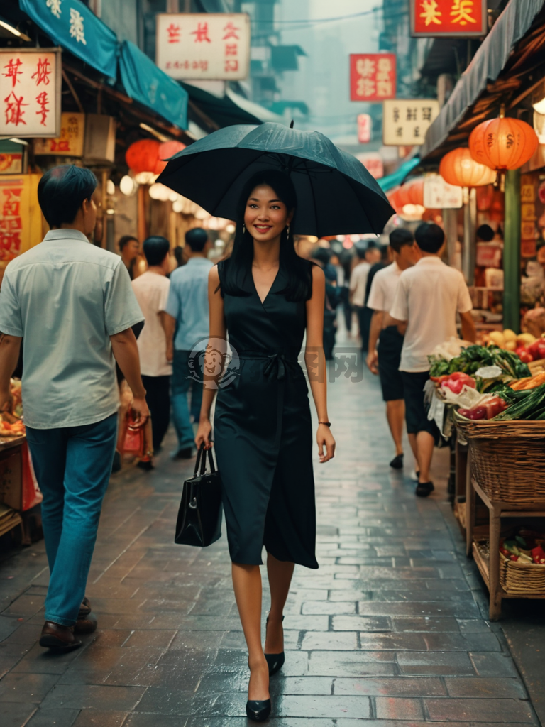 香港复古80年代，黑发女子撑伞漫步市场