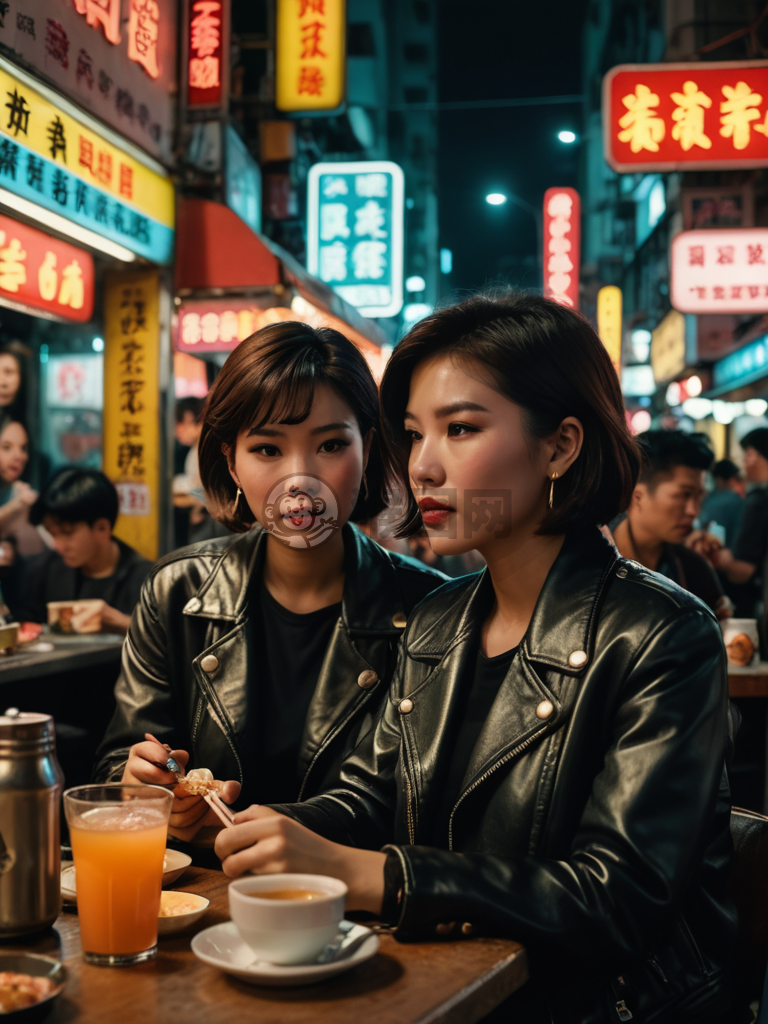 香港复古街头风情美女吃街头小吃，黑白电影风格一览无余