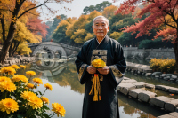 《秋日赏菊石桥边，传统服饰老者笑》