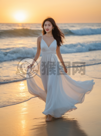 晨光海边的白衣飘飘女郎之美照