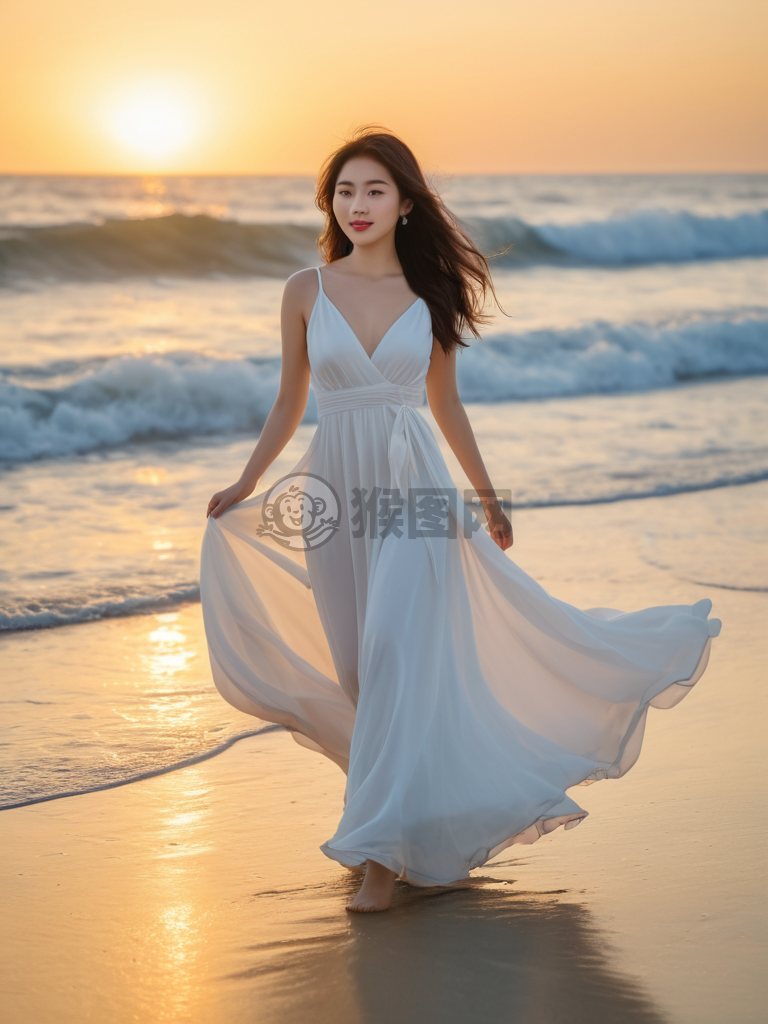 晨光海边的白衣飘飘女郎之美照