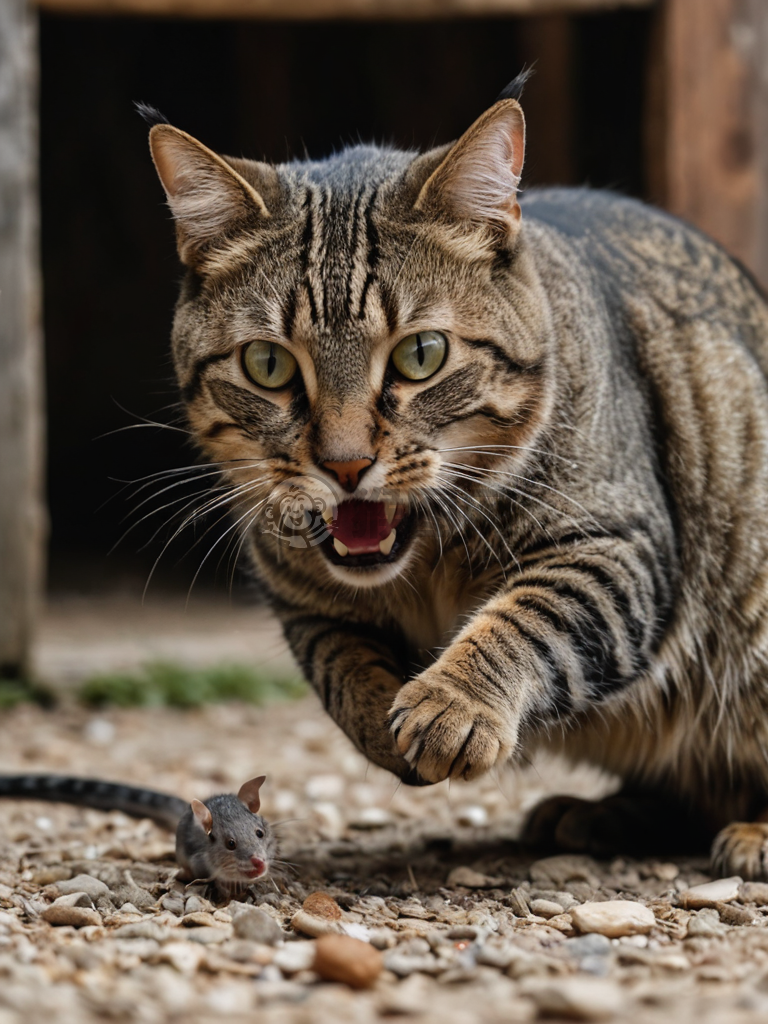 猫捕鼠动态，锐利眼神，8k高清分辨率
