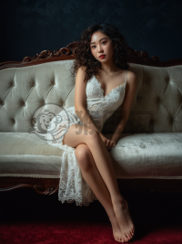 复古风华：卷发女子在复古沙发上的迷人肖像