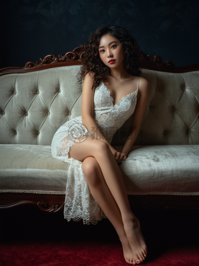 复古风华：卷发女子在复古沙发上的迷人肖像