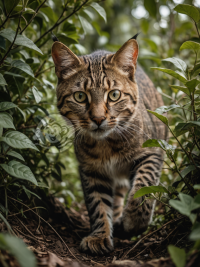 野生猫从灌木丛中跃出，准备猎物，聚焦镜头，8K分辨率，令人惊叹的瞬间捕获。