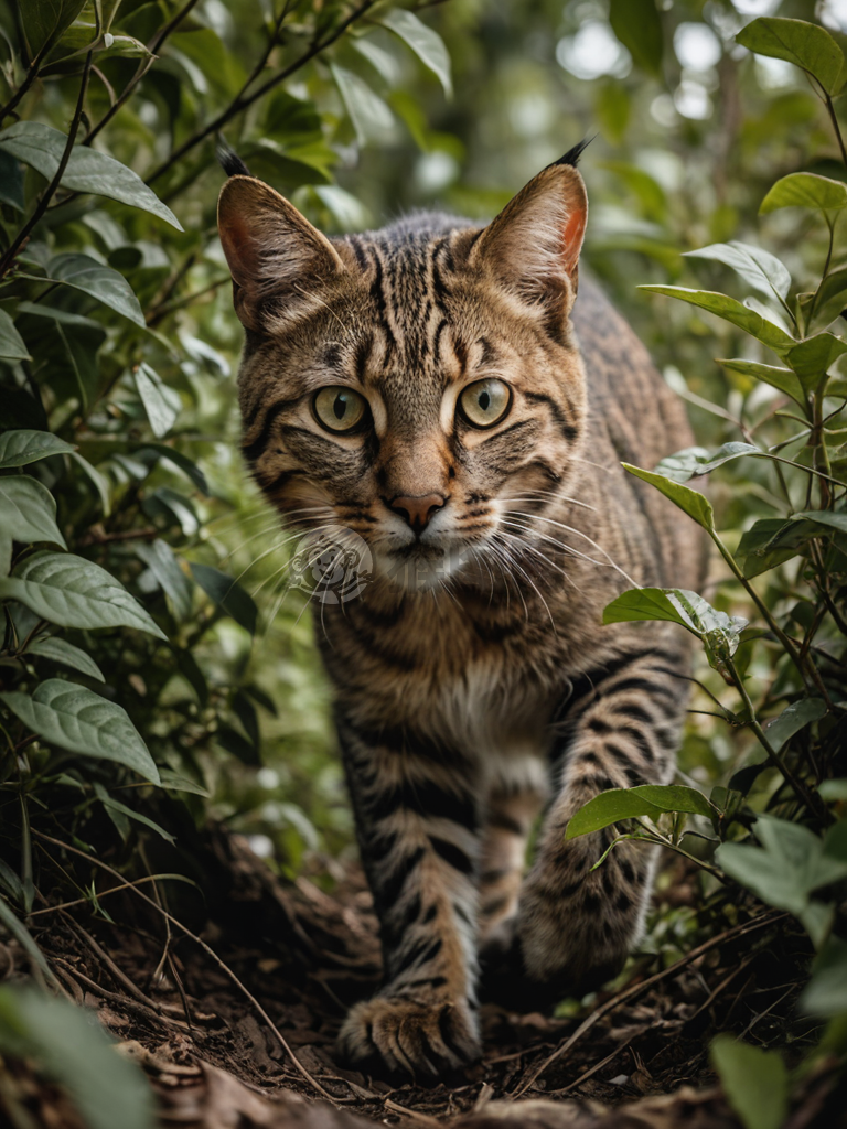野生猫从灌木丛中跃出，准备猎物，聚焦镜头，8K分辨率，令人惊叹的瞬间捕获。