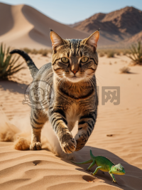沙漠中的猫追逐蜥蜴，表情坚定，8K高清画质。