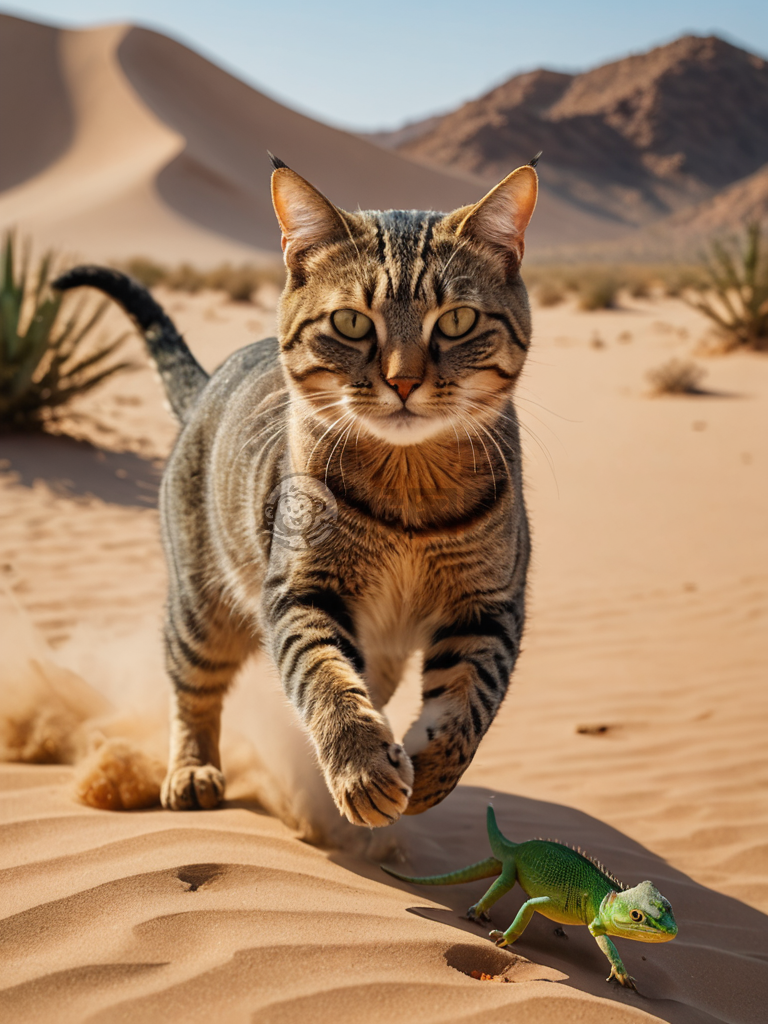 沙漠中的猫追逐蜥蜴，表情坚定，8K高清画质。