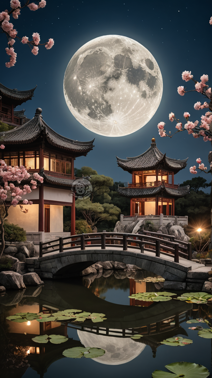 夜色园中满月升，桥上荷花放清香。