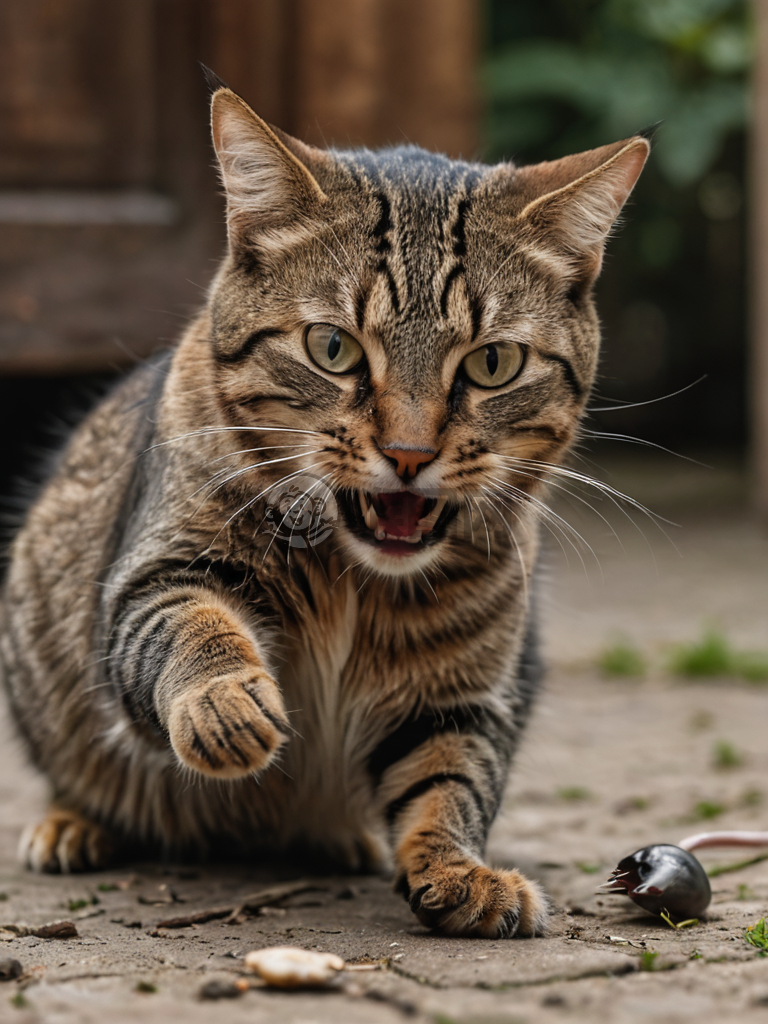 猫咪捕鼠瞬间，锐利眼神，利爪出击