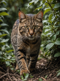 野生猫从灌木丛中跃出，锁定猎物，专注眼神，低角度特写镜头，超高清晰度