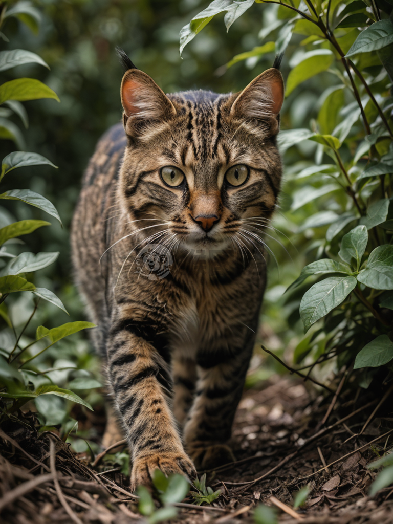 野生猫从灌木丛中跃出，锁定猎物，专注眼神，低角度特写镜头，超高清晰度