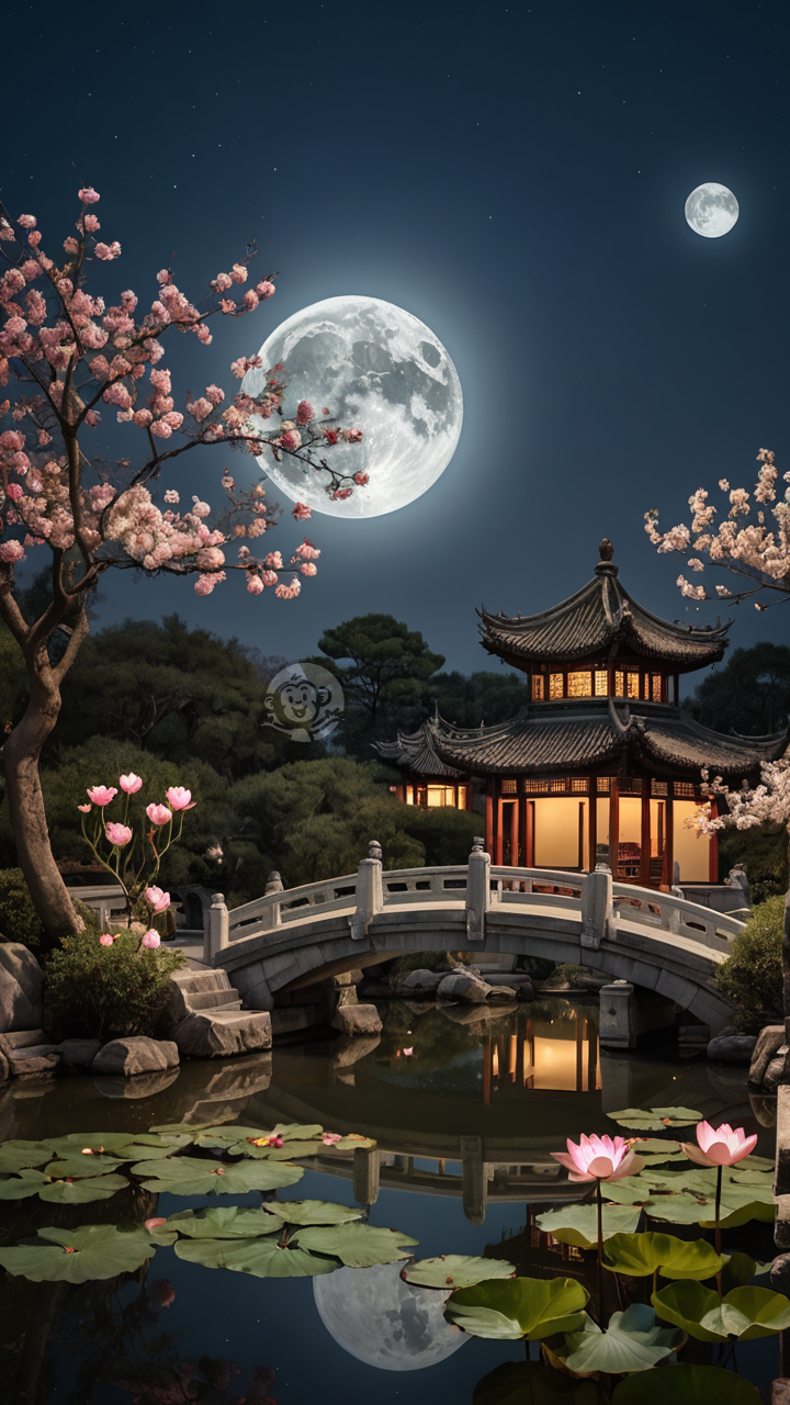 月下园中石桥莲，高画质美梦如真。