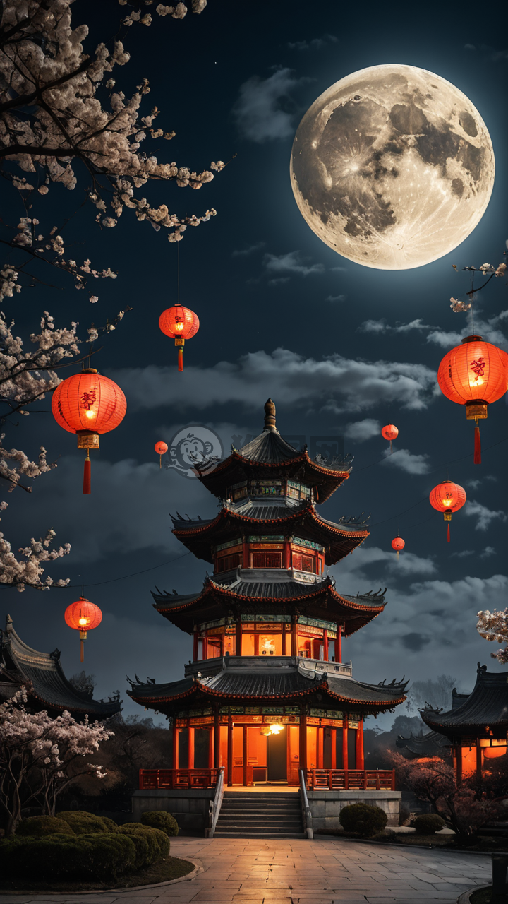月夜中国传统亭台灯笼亮美照天空