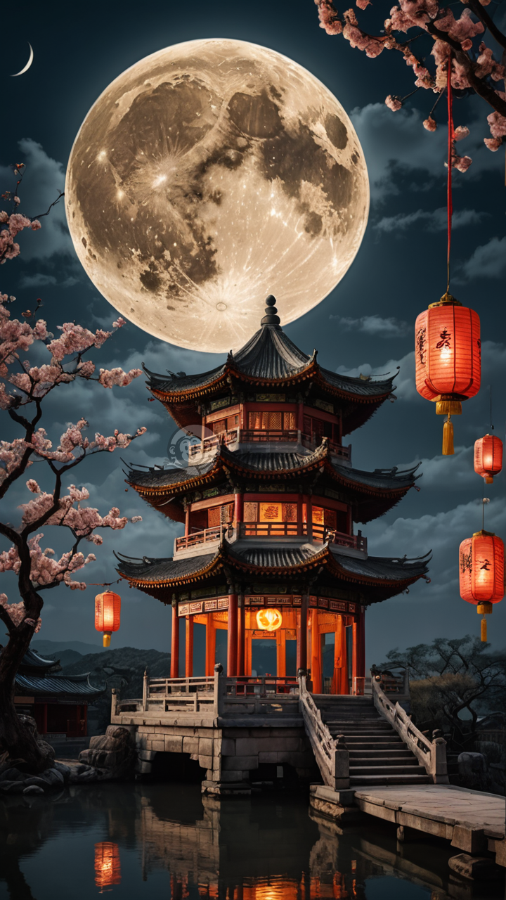 月夜云亭，满月如镜。