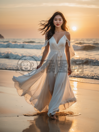 日出海滩漫步：白衣女子与海浪的美丽邂逅