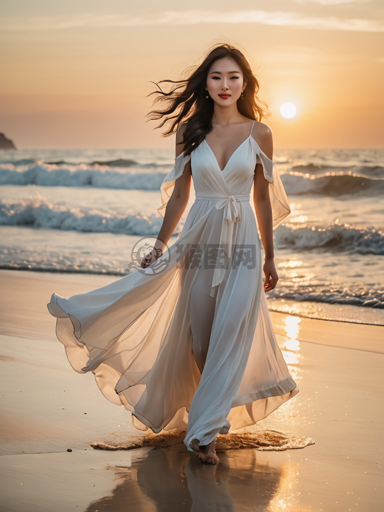 日出海滩漫步：白衣女子与海浪的美丽邂逅