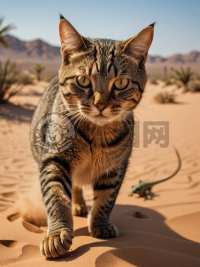 沙漠中的猫追逐蜥蜴，表情坚定，8K高清画质。